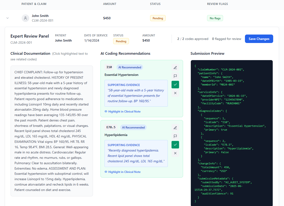 Muni Health AI Audit interface showing ICD codes with confidence scores, evidence linking, and JSON export